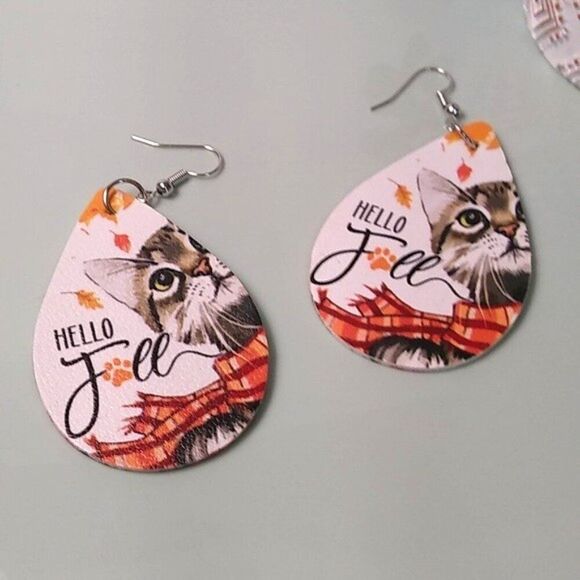 Hello Fall Cat Teardrop Earrings - Picture 2 of 2